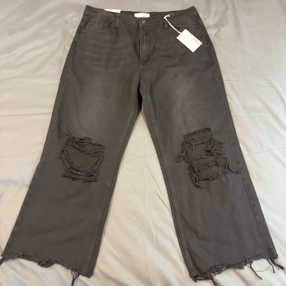 Vervet Leslie 90s Vintage Flare Jeans Distressed Black Wide Leg V2736BK Size 32w